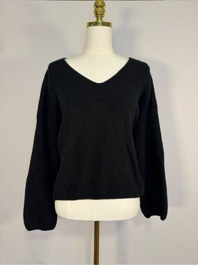 Black Knit Slight Crop Oversized Slouchy Fit Balloon Sleeve Sweater Large